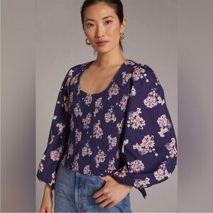 Maeve by Anthropologie Smocked Open Back Balloon Sleeve Top navy Blue Small